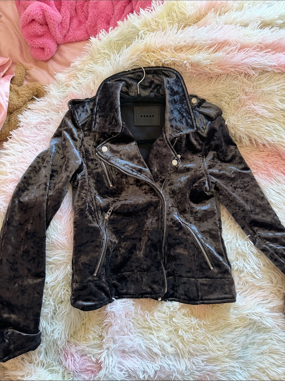 Blank NYC Black Velvet Moto Jacket with Zip Details